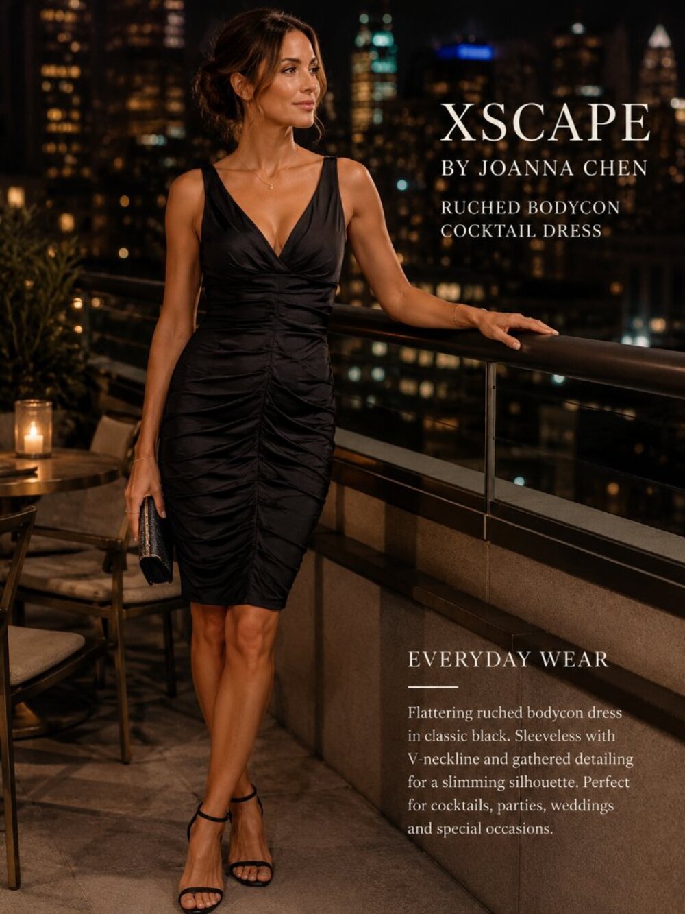 Xscape Joanna Chen Ruched Black Bodycon Cocktail Dress Y2K Size 8